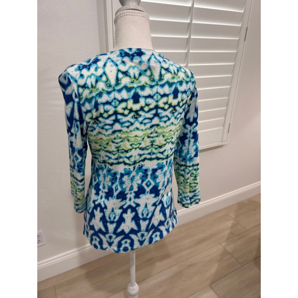 Cotton blend tunic top, Multiples brand, ikat print embellished neckline XSmall - Picture 4 of 11